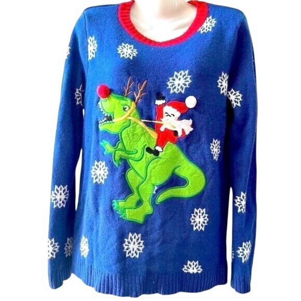 Joyland T-Rex Santa Ugly Christmas Sweater Unisex XL Blue Snowflake Dinosaur - Picture 2 of 6